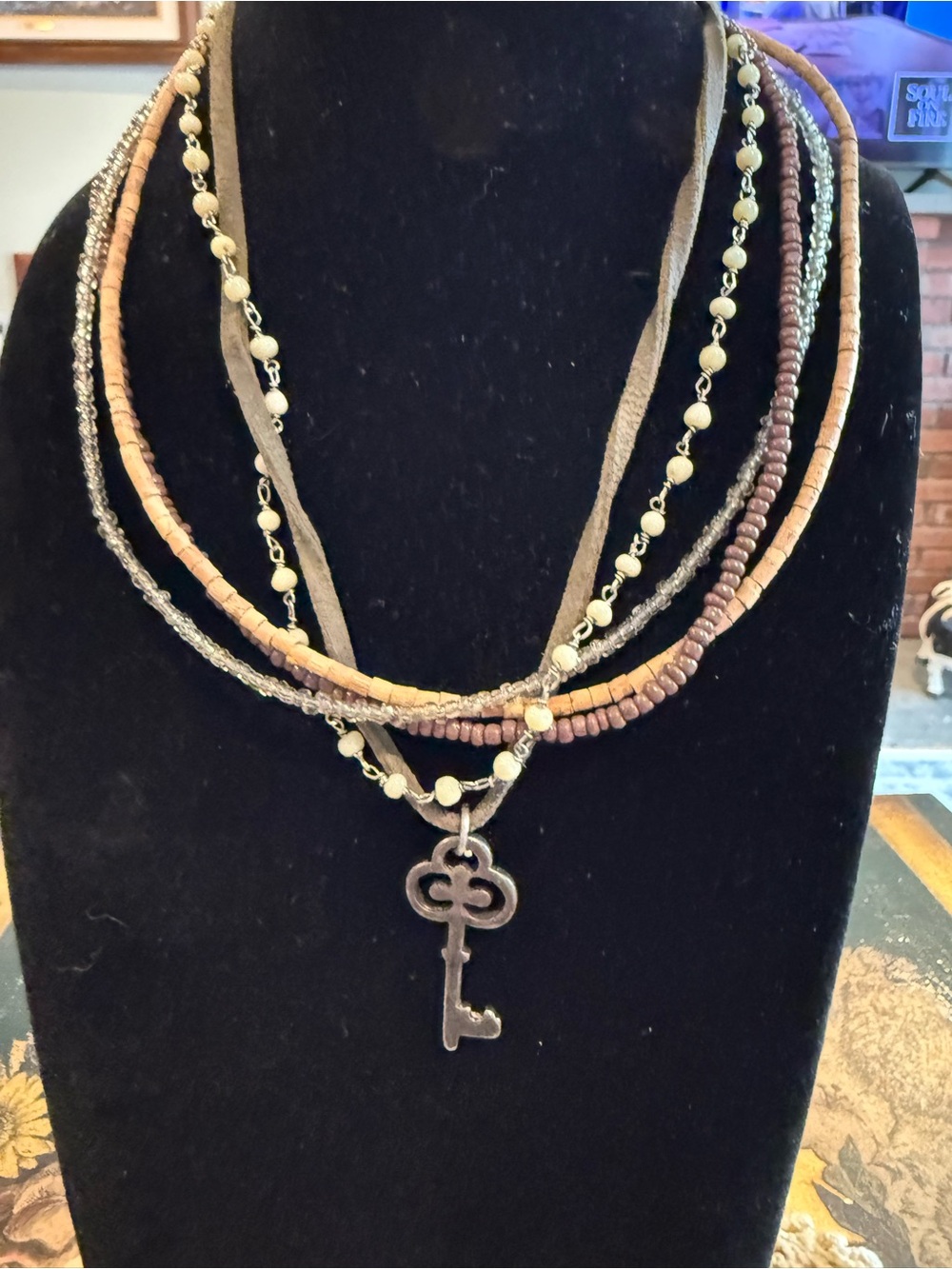 Aero Boho Multi-Strand Key Pendant Necklace - Brown & Cream